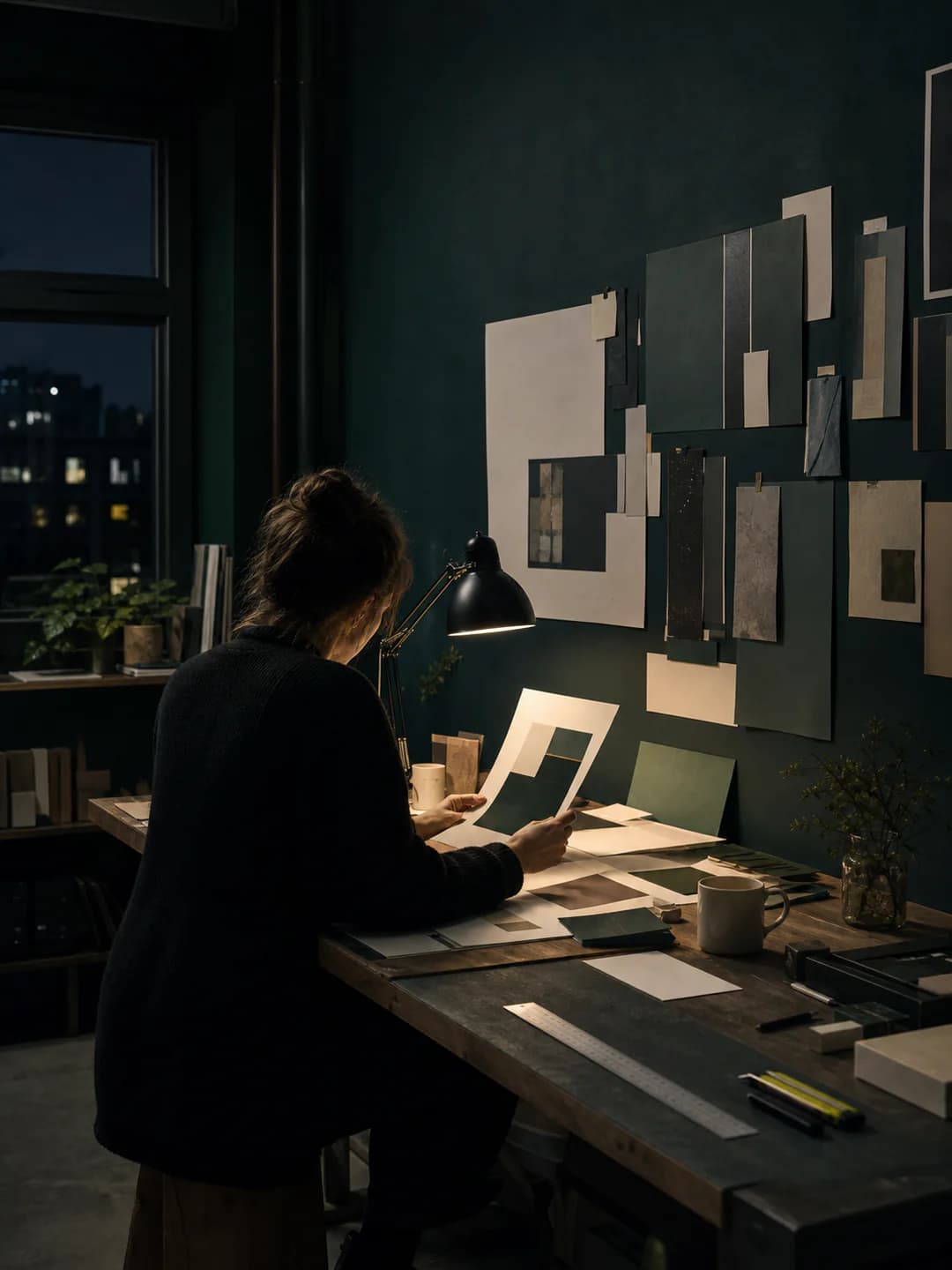 Pessoa trabalha em um ateliê noturno cercada por provas, materiais e ferramentas.