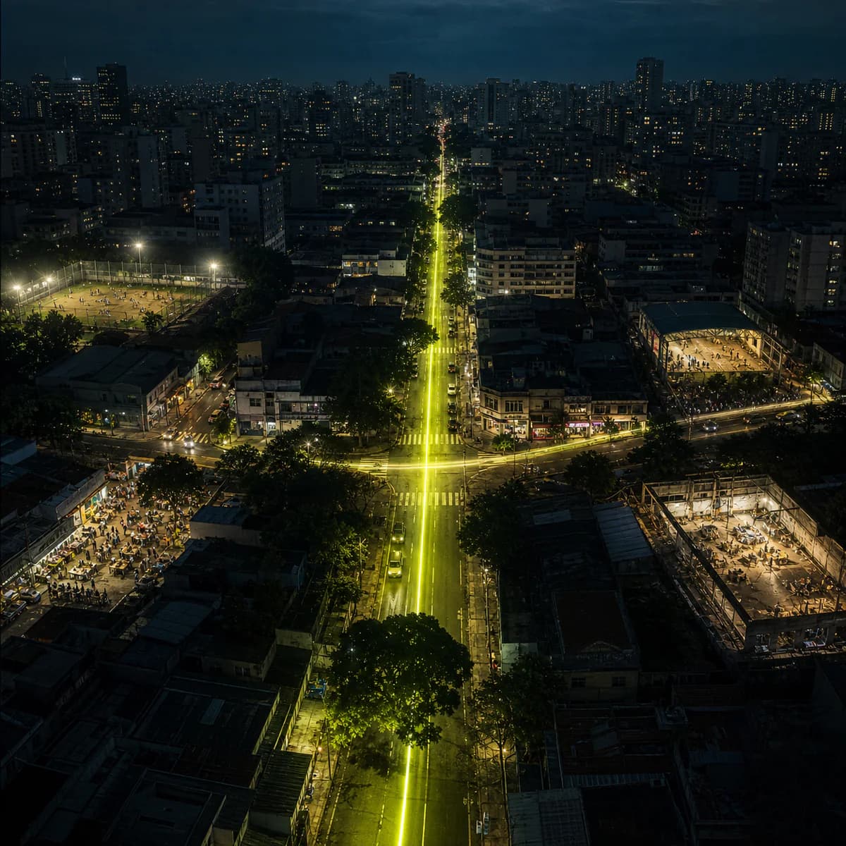 Cinco frentes urbanas convergem para uma única rota iluminada.