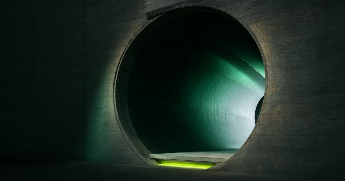Parede monolítica de concreto com uma grande abertura circular, atravessada por luz dura vinda de dentro.